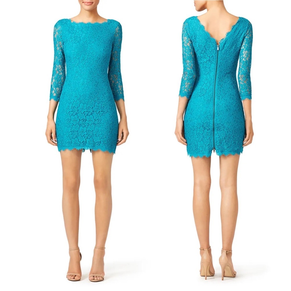 Diane von Furstenberg || Zarita Lace Mini Cocktail Dress Teal 4 DVF